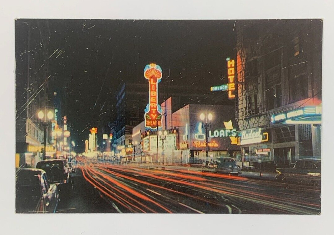 Broadway at Night Portland Oregon Postcard Unposted