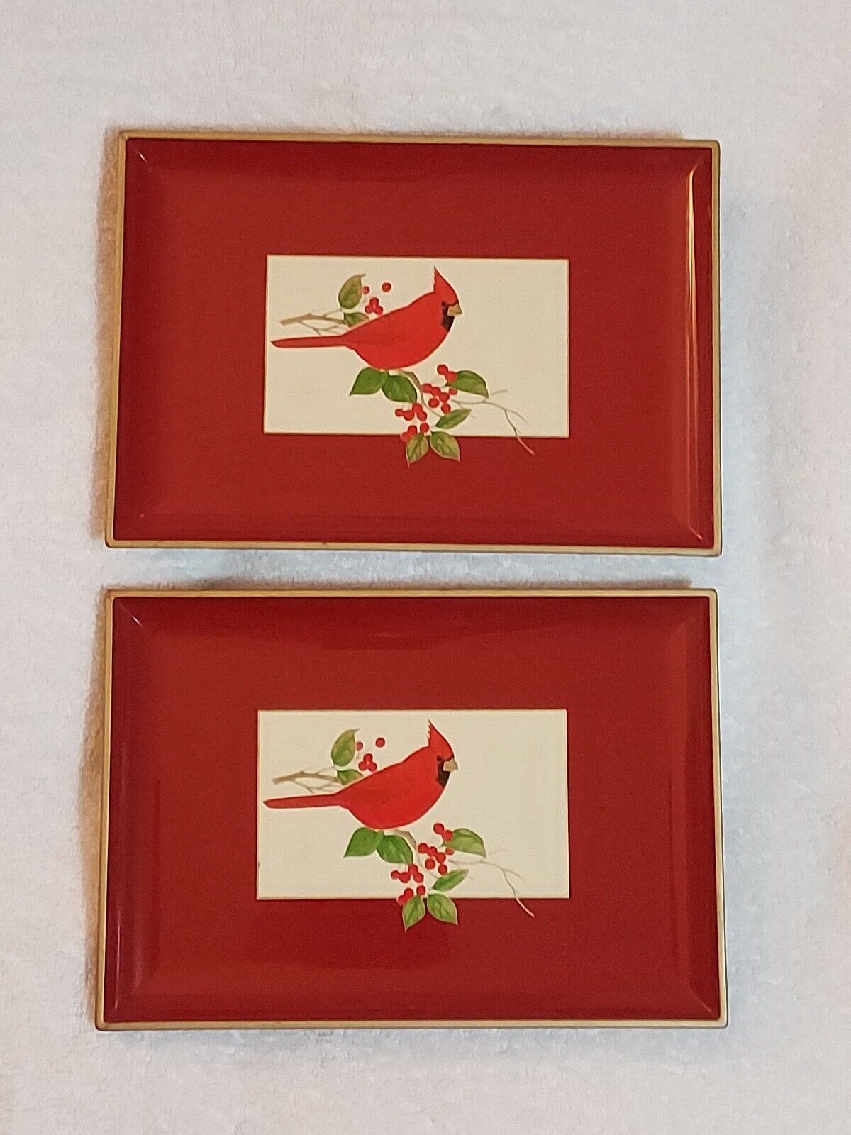 2 Otagiri tray Cardinal with berry branch Lacquerware  Gibson Greeting cards