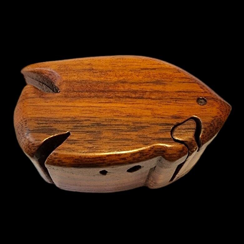 Handcrafted Wood Handcrafted Carved Fish Secret Trinket Mystery Puzzle Box 3.5\