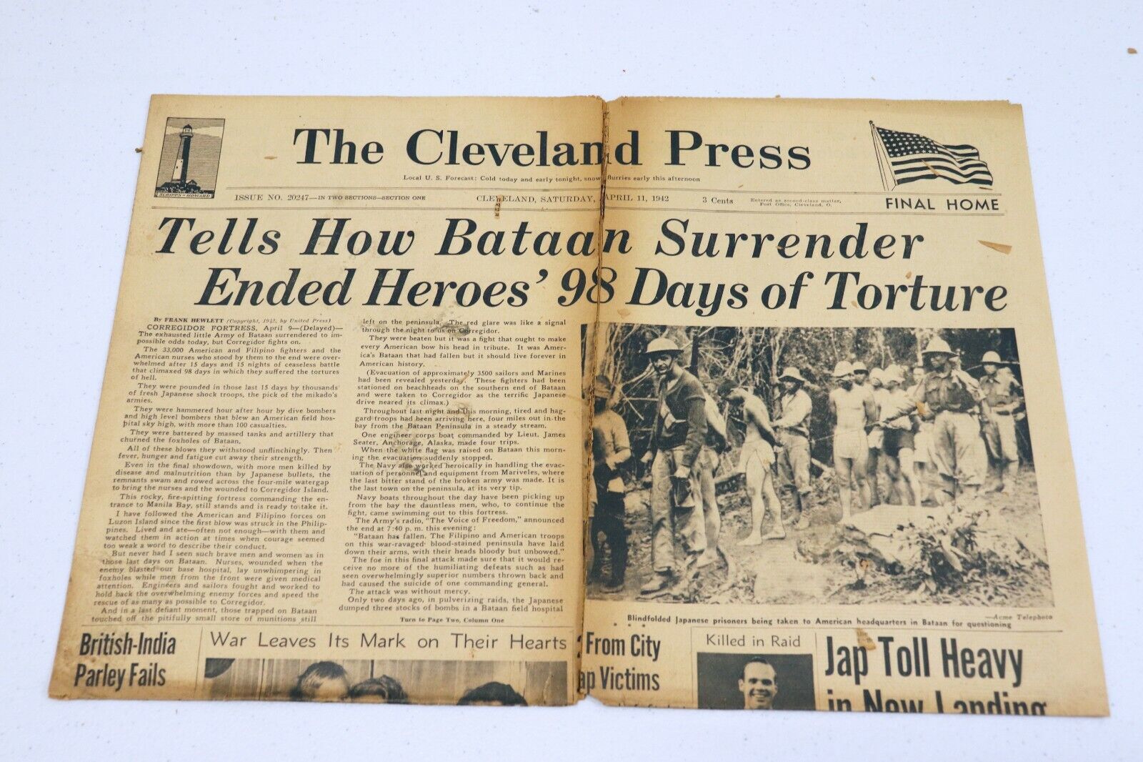 Vintage Apr 11 1942 WWII Cleveland Press Newspaper Bataan Surrender