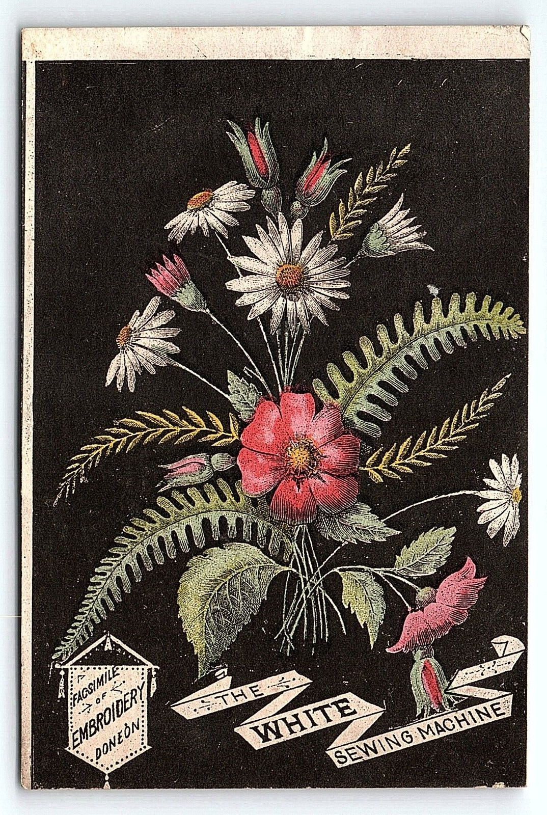 c1880 THE WHITE SEWING MACHINE FLORAL EMBROIDERY VICTORIAN TRADE CARD Z4133