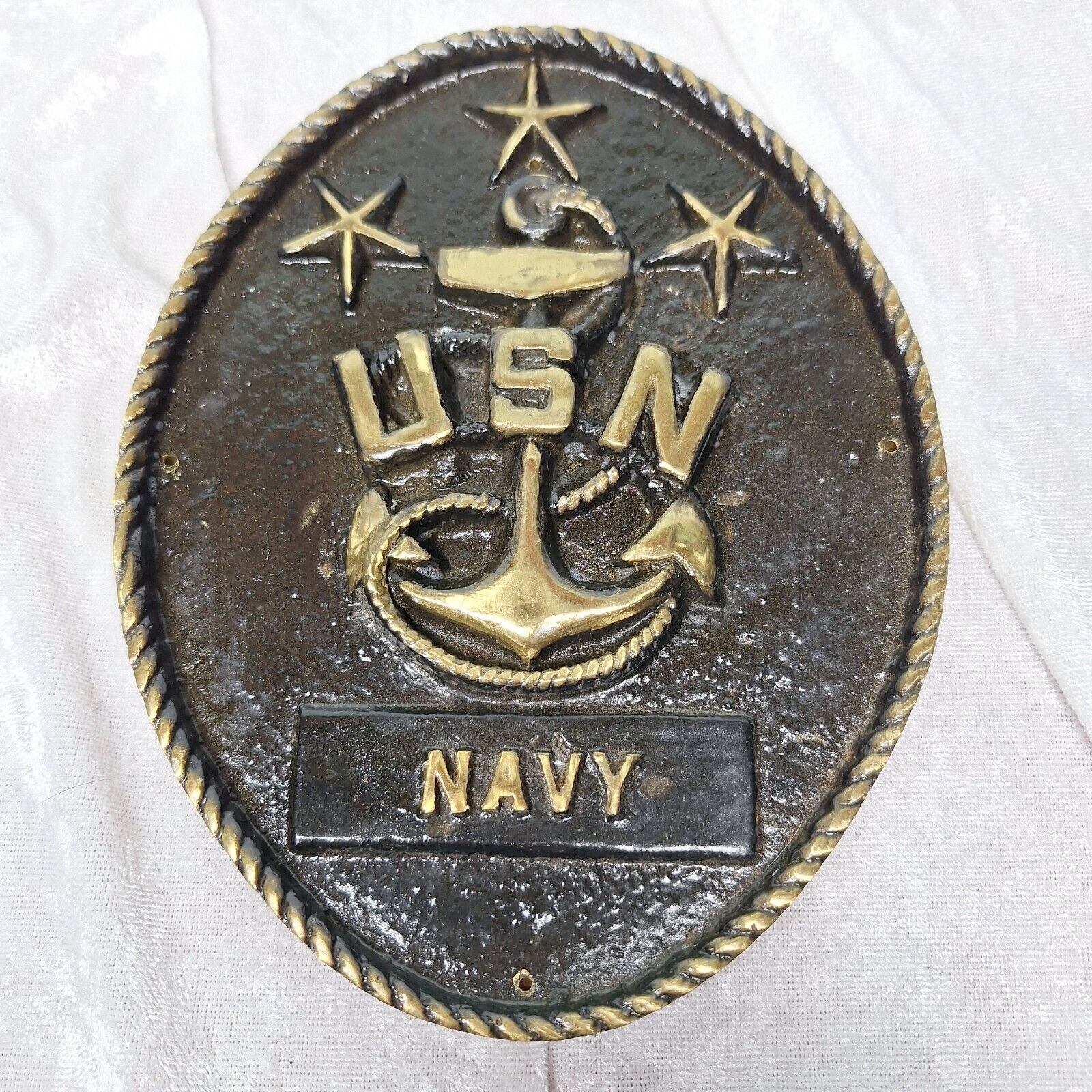Vintage US Navy Wall Plaque Solid Brass Anchor USN Military 7.75