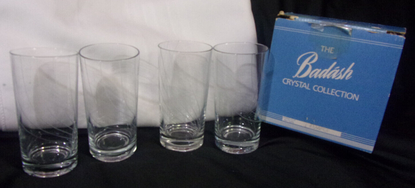 VINTAGE SET OF 4  BADASH 'TEMPO' HAND CUT BLOWN CRYSTAL HIGHBALL GLASSES IN BOX