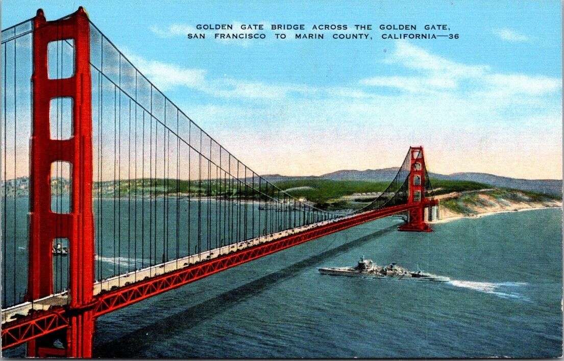 San Francisco CA California, Golden Gate Bridge, Marin County, Vintage Postcard