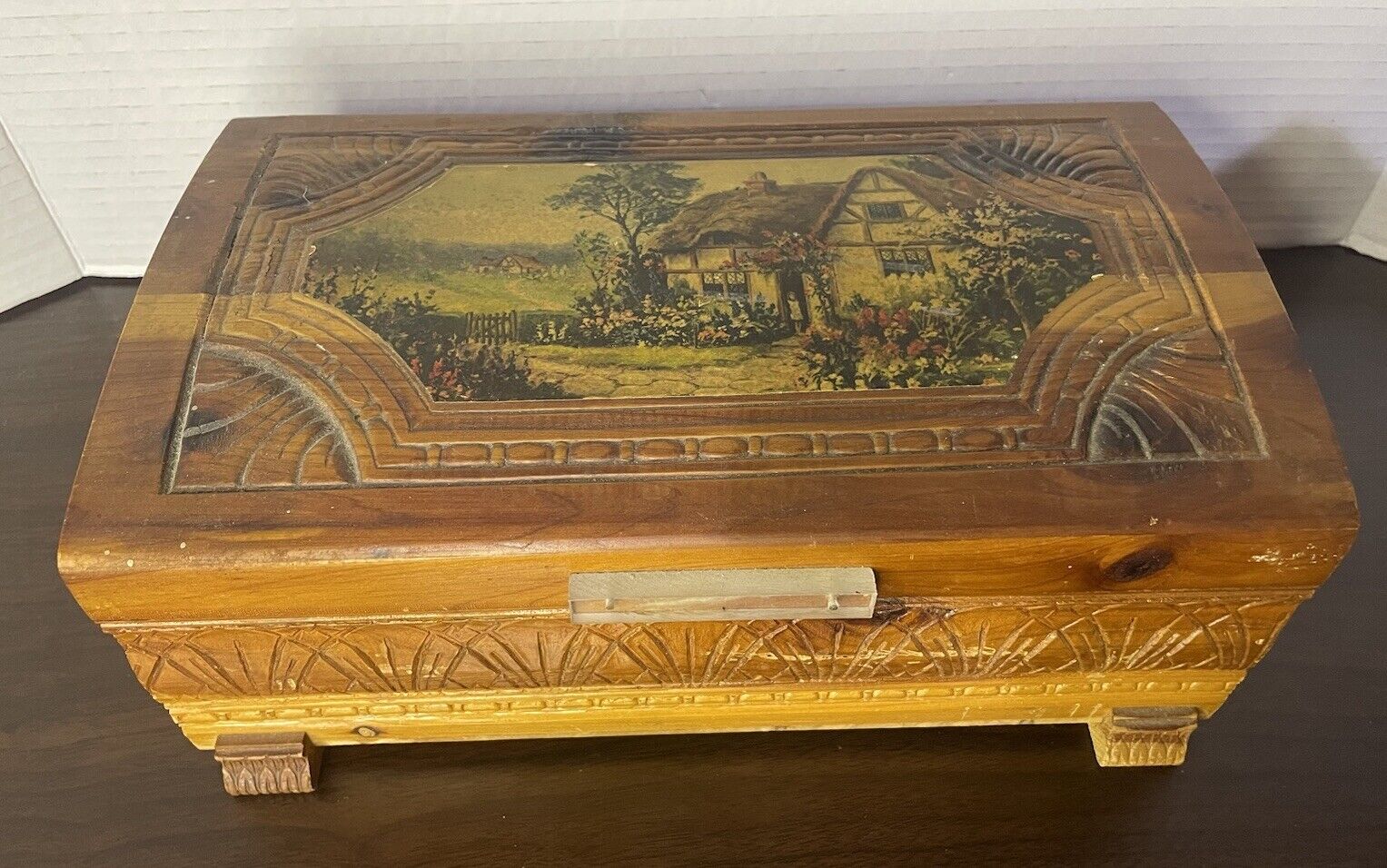 Vintage Cedar Carved Letter Jewelry Box Hinged Decoupage Country Cottage Scene
