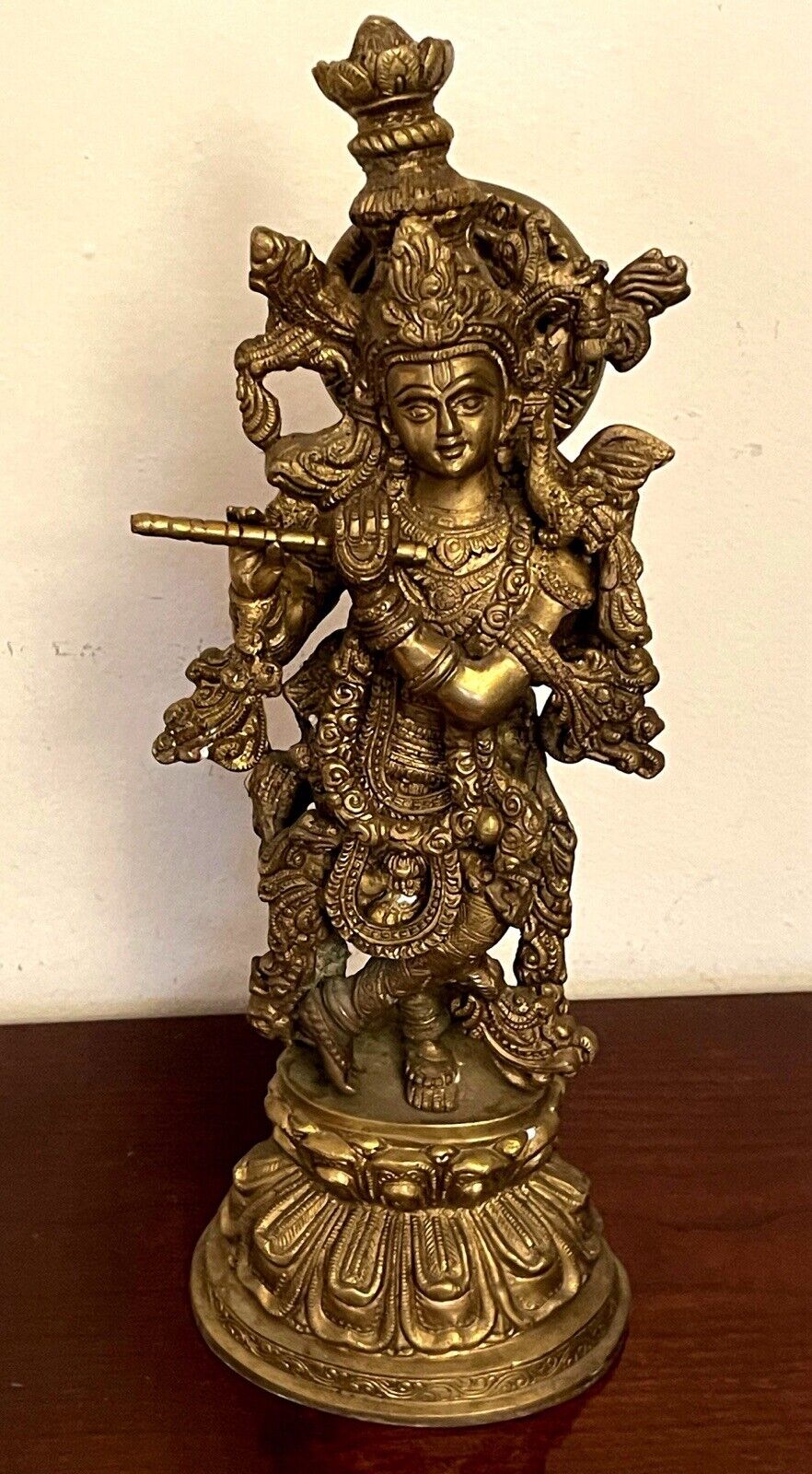 Hindu Idol Lord Krishna Flute Player Large Heavy 15 x 6 Inch 10.1Lb Brass Statue