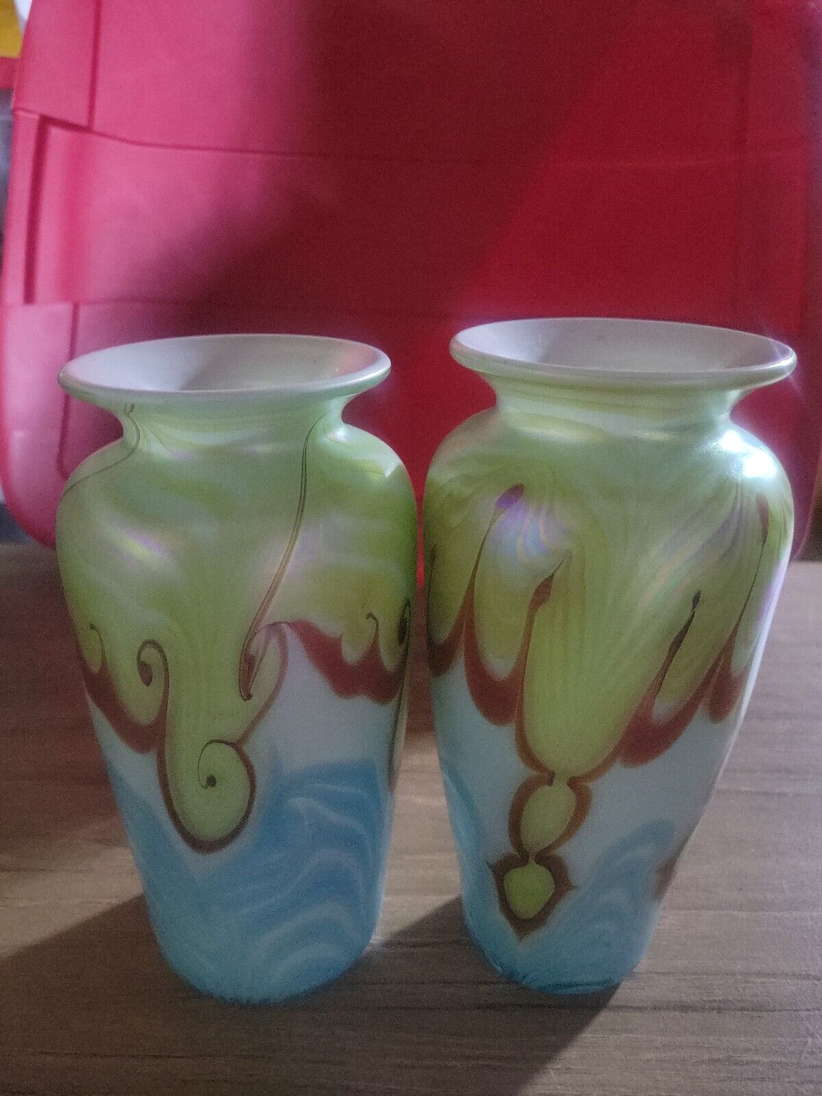 Gorgeous Vandermark Glass Matching Rare Vintage Vases 70s Colorful iridescent 
