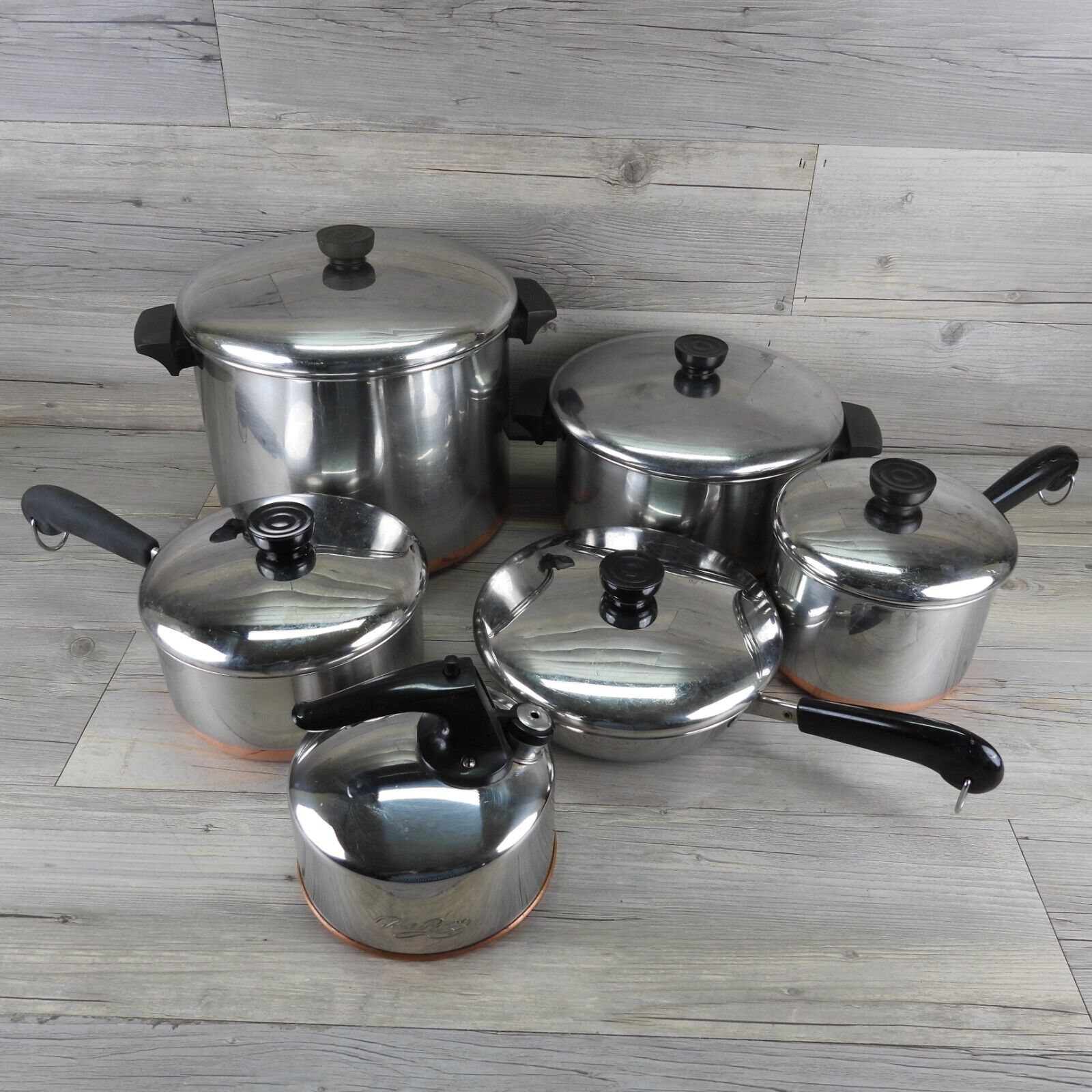 Vintage Revere Ware 1801 Copper Bottom Cookware Pots & Pans Lids 11 Piece Set