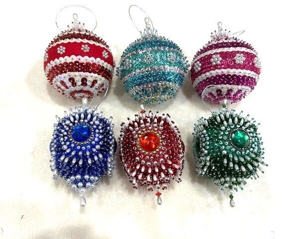 Lot# 13 - 6 Hand Made Vintage Beaded Christmas Ornaments-Lace-Satin-Pearls-NICE