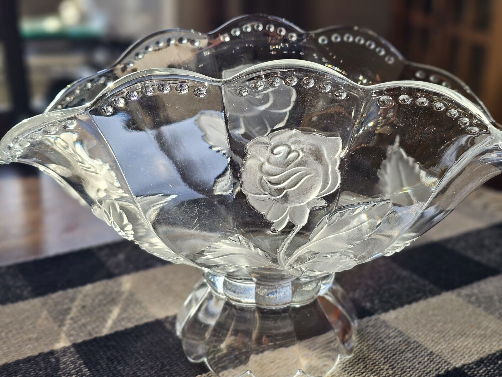 Vtg Imperlux Hand Cut Crystal Footed Centerpiece Bowl Emrossed Frosted Roses