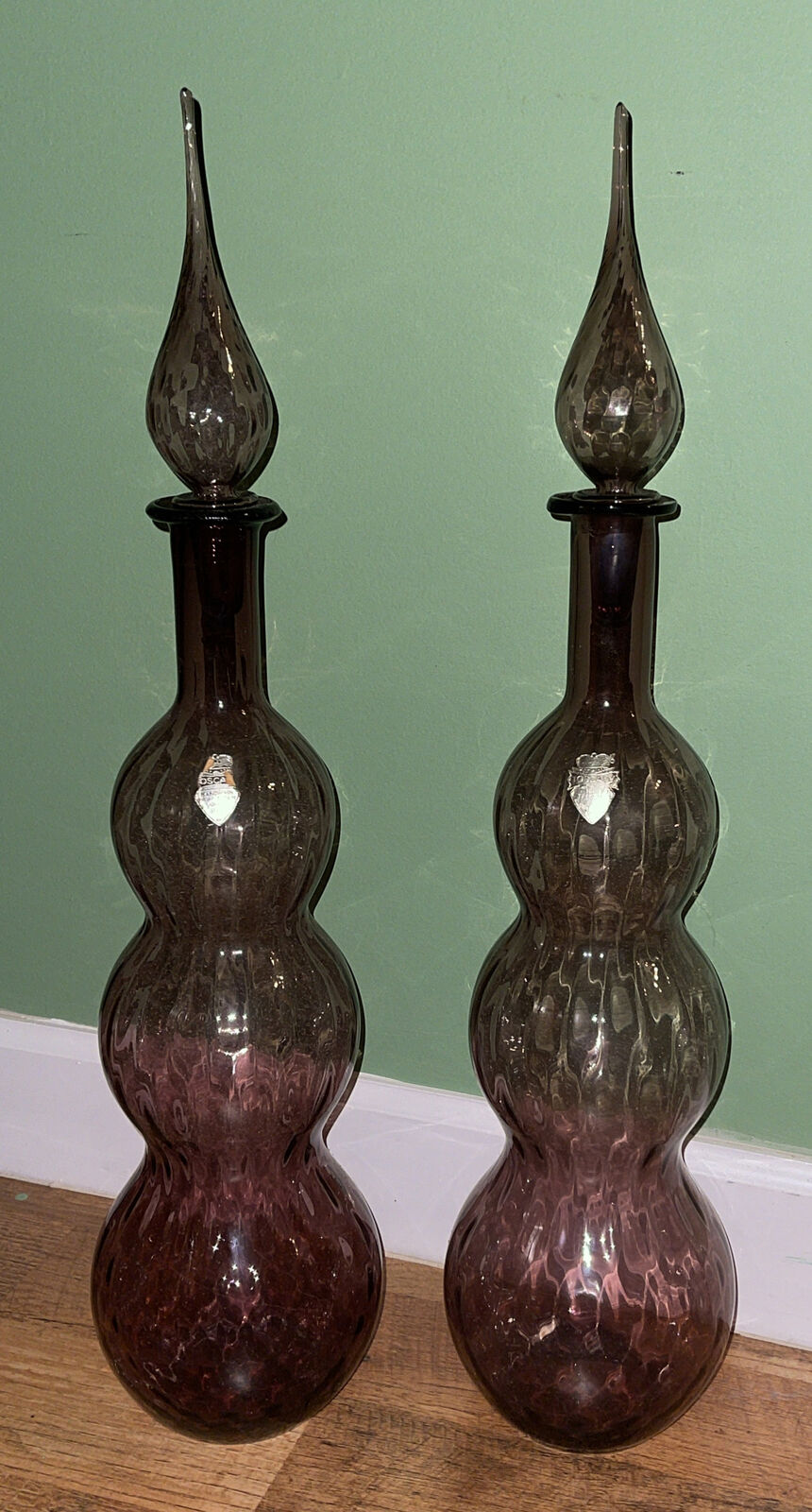 VTG Toscany Amethyst  Glass Genie Bottle Decanters w/Stoppers Set Of 2 Rare Find