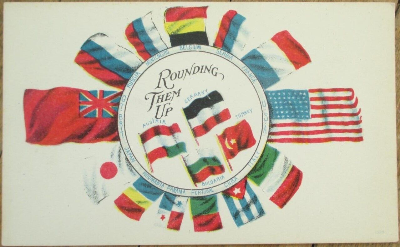 WWI Patriotic 1918 Postcard, Allied Flags, Rounding Them Up