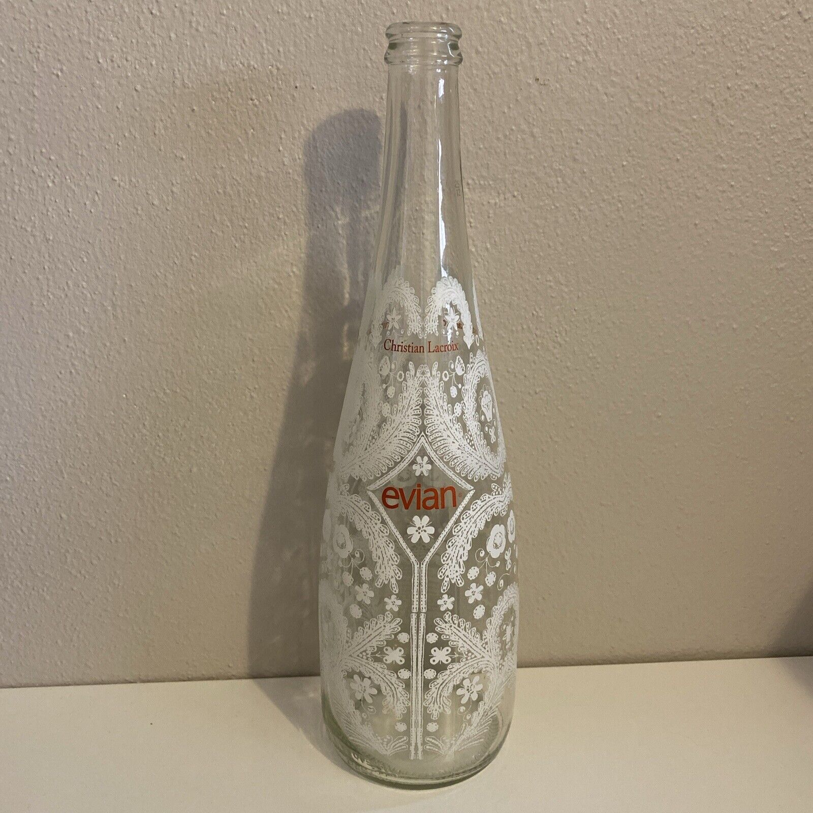 Evian Christian Lacroix 2008 Collectible Glass Water Bottle White Floral Lace