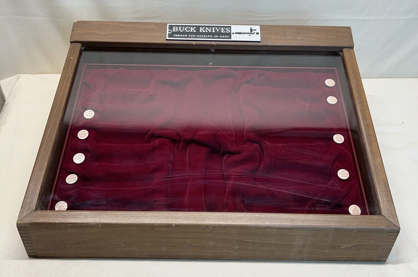 Vintage Buck Knives USA Counter Salesman Display Case Box Wood Glass Dovetailed