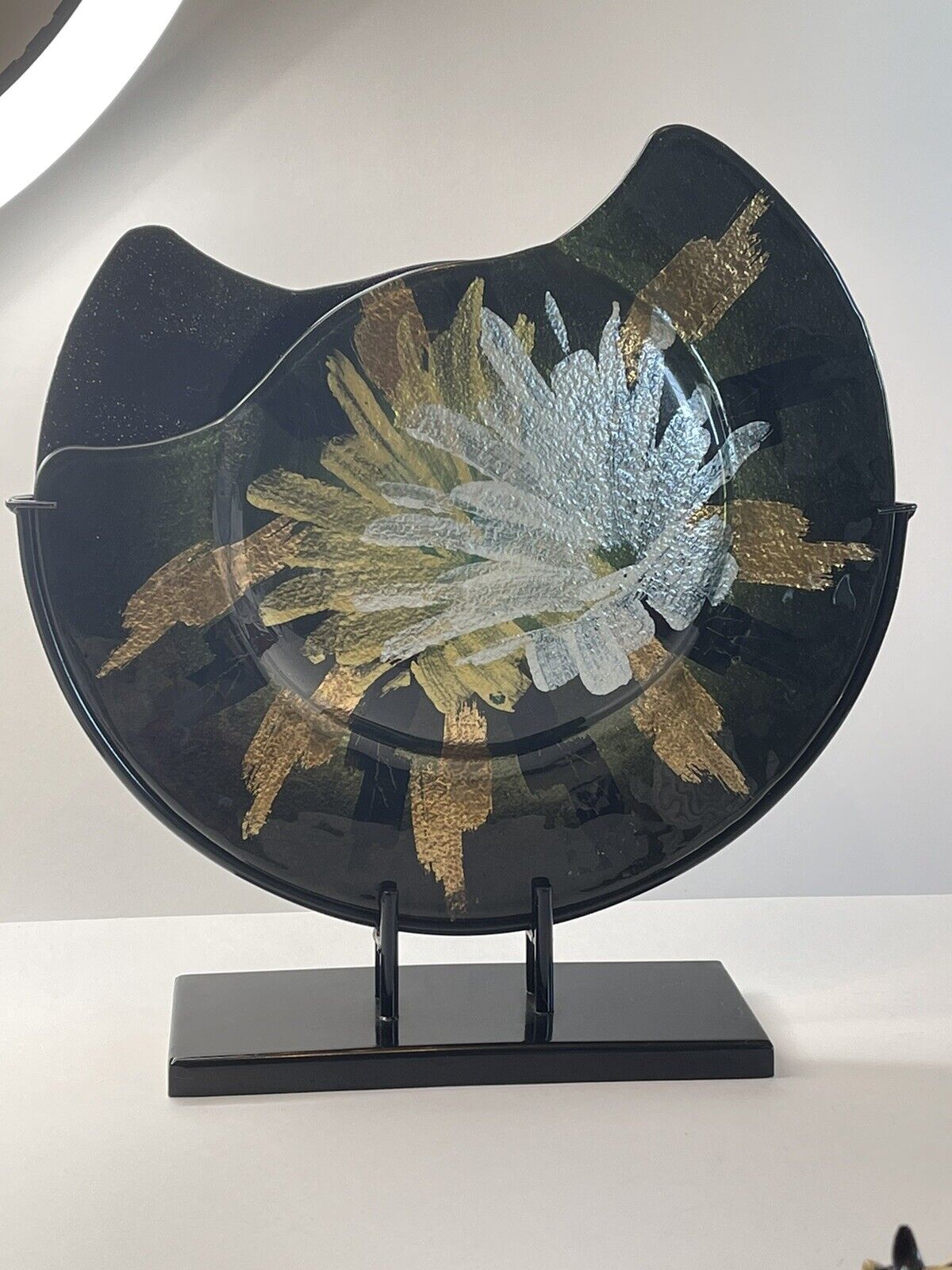 Vase fused art glass with metal stand abstract floral metallic 15\