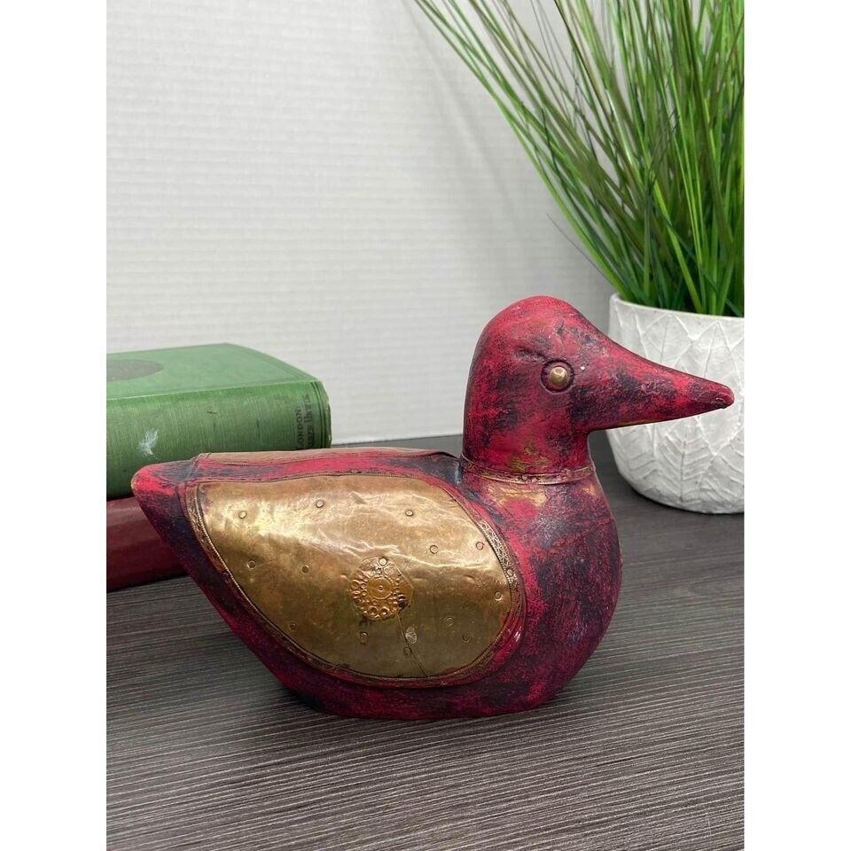 Capper  Wooden Duck Hand Carved India Red Gold Farm Home Decor Vintage