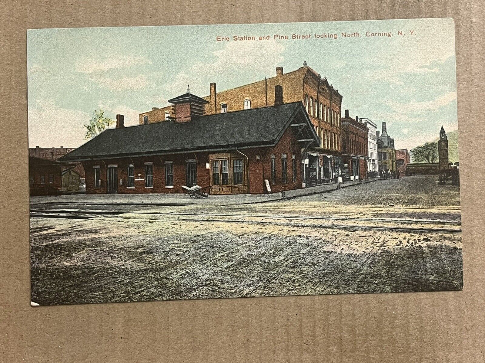 Postcard Corning NY New York Erie Railroad Depot Train Station & Pine Street