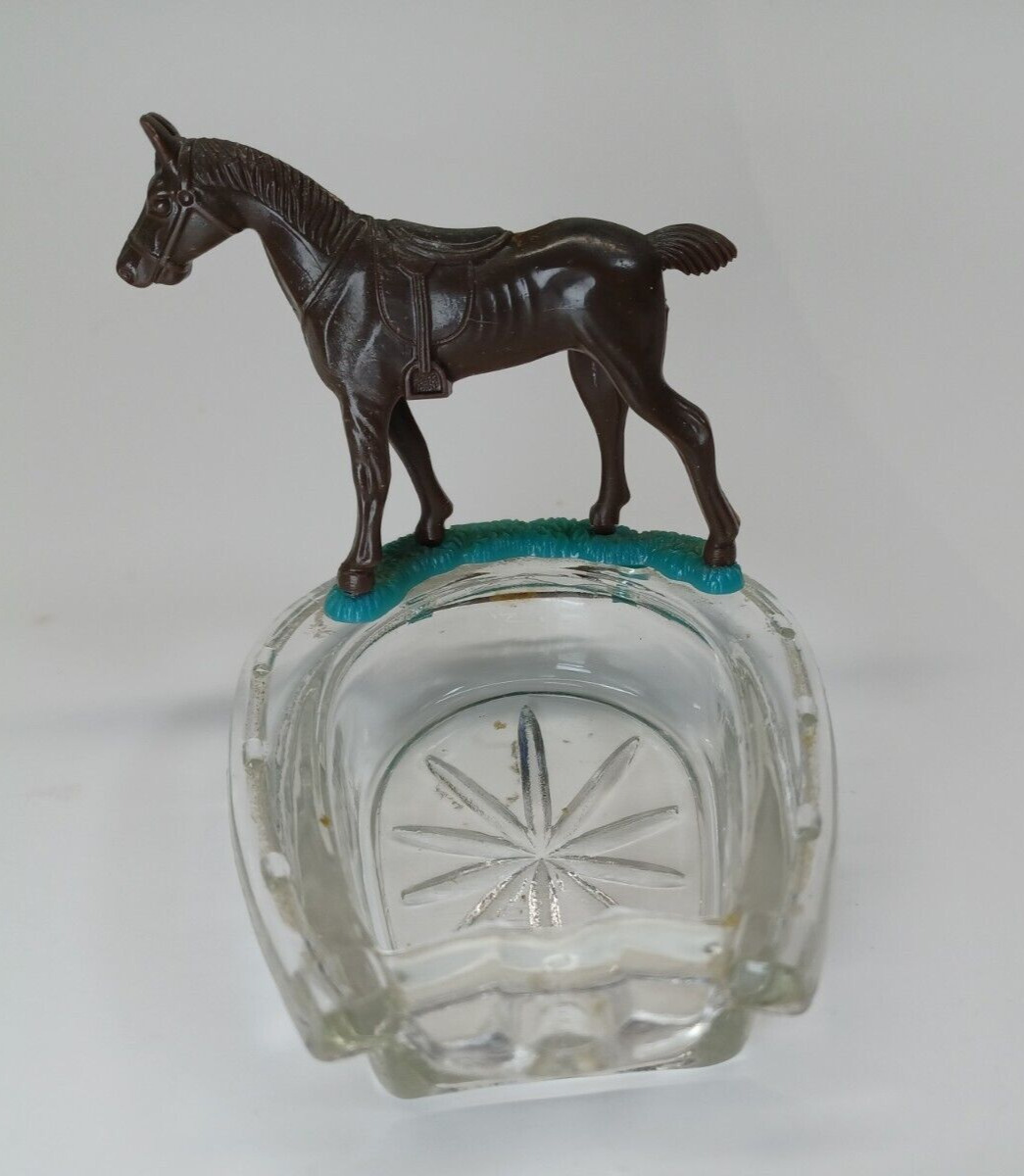 Vintage 1940's Pressed Glass Horseshoe Ashtray Plastic Brown Horse
