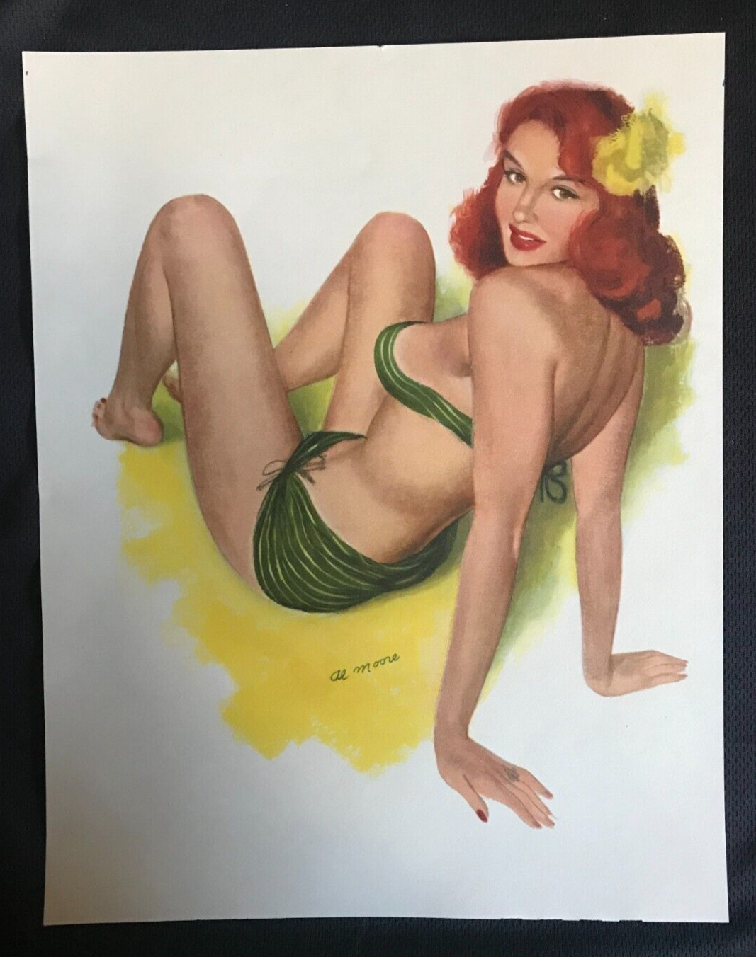VTG Pretty Red Hair pinup CUT calendar page 1950 Green Stripe Bikini  AL MOORE