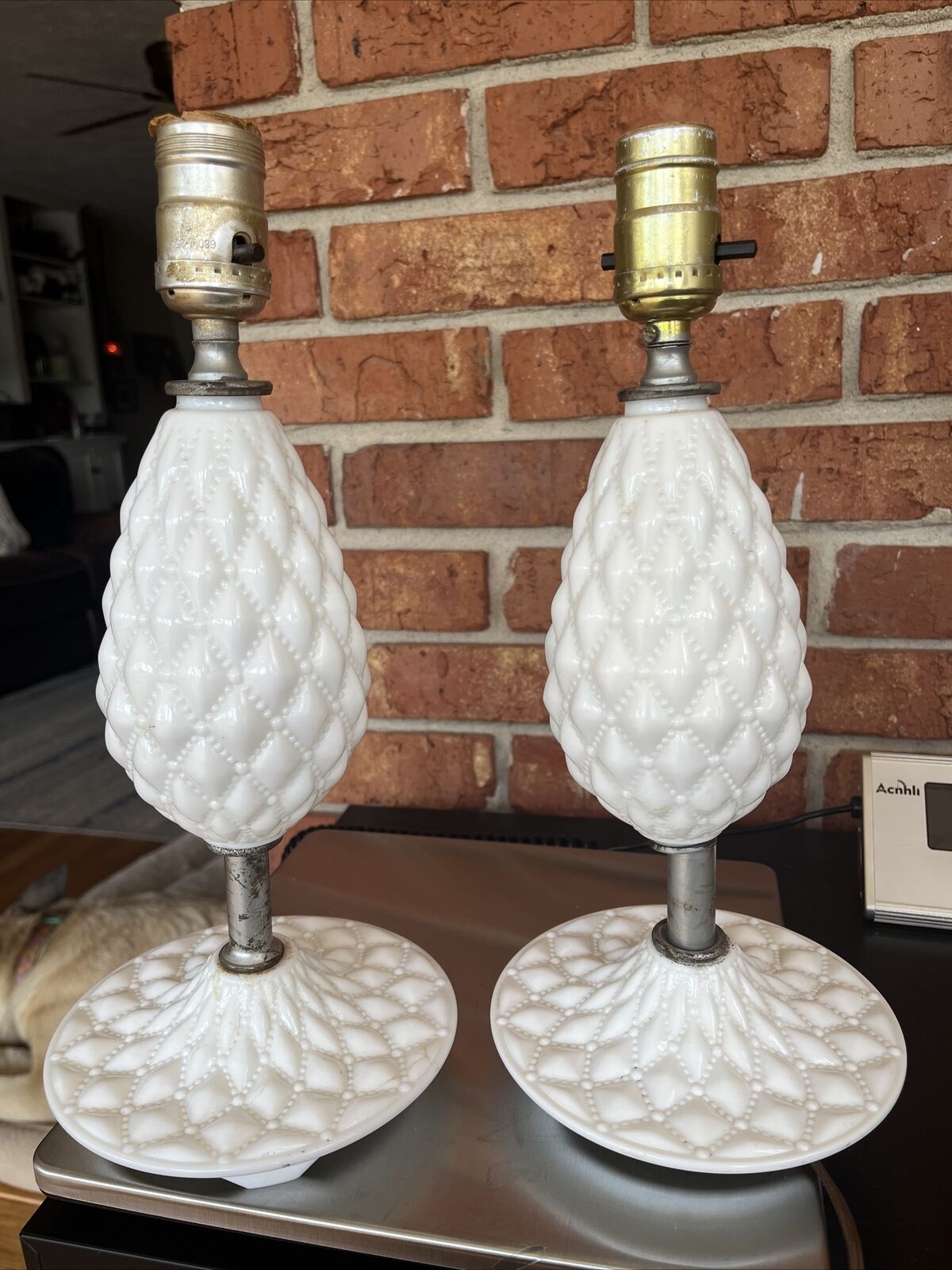 Vintage Leviton White Milk Glass Hobnail Boudoir Table Electric Lamps Pair 13”