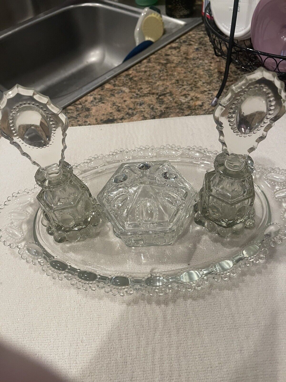 LE Smith Vintage Clear Glass Beaded Medallion 7 Piece Vanity Set Beautiful