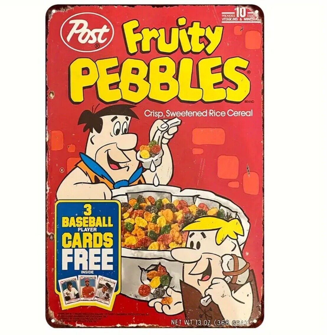 1990 Vintage FRUITY PEBBLES BASEBALL CARDS Metal Tin Sign 12x8 Inches