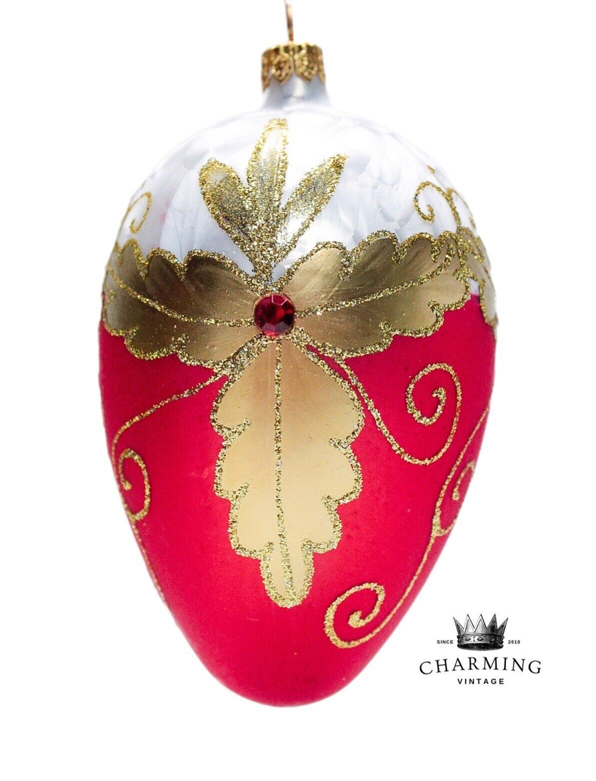 Vtg Hand Decorated Gold Gilt Jeweled Egg Shaped Glass Jumbo Christmas Ornament
