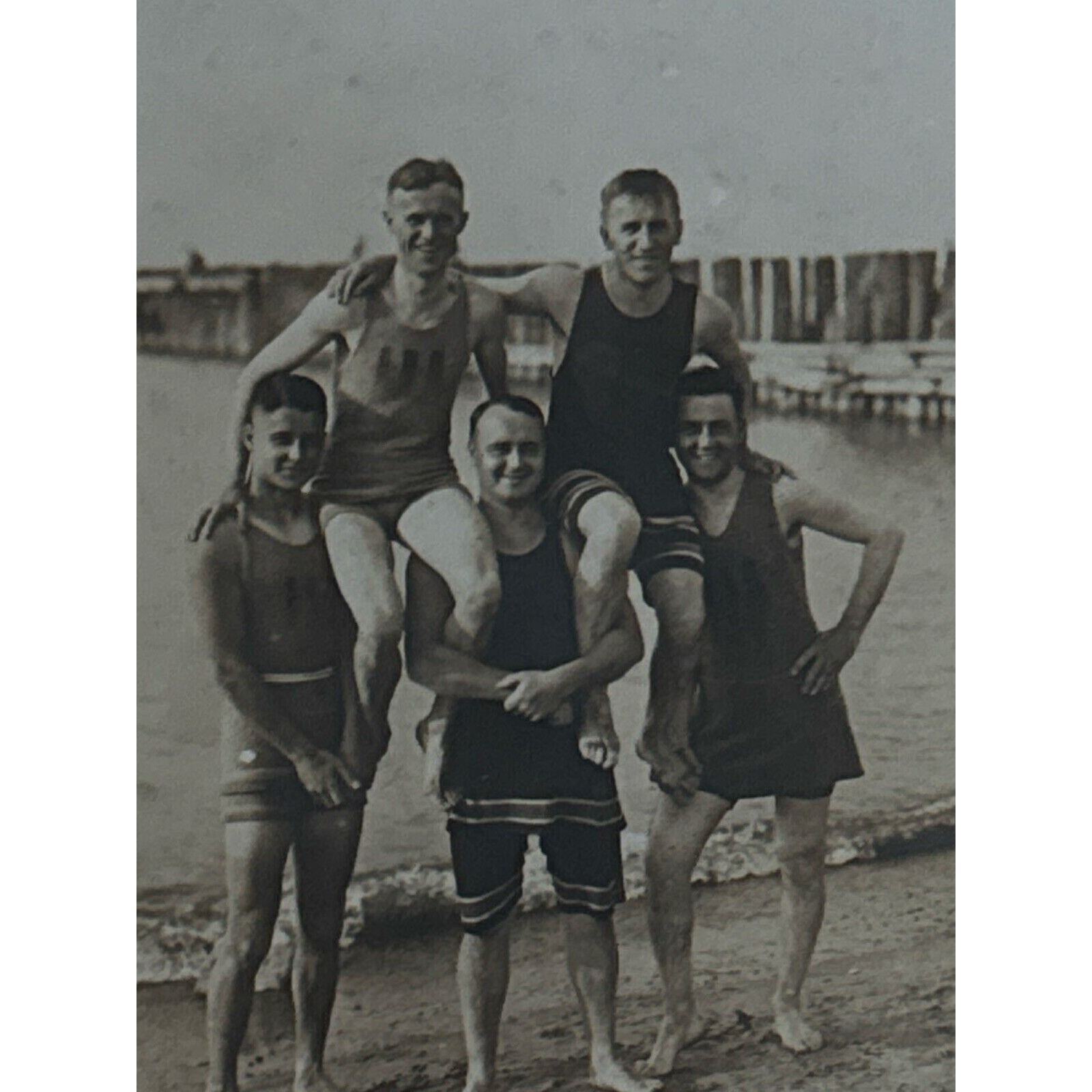 Antique RPPC Postcard Ephemera Early 1900s 5 Guys Old School Swimwear Beach Pic