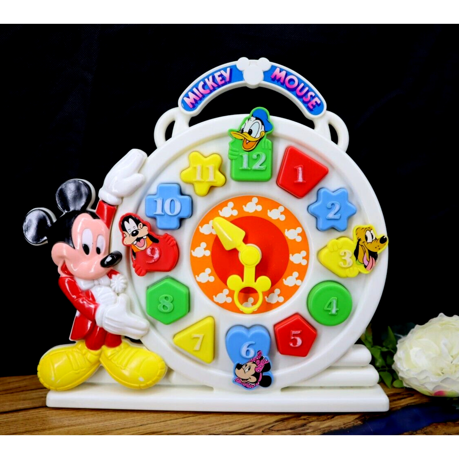 Vintage 1987 Disney Mickey Mouse Shape Sorter Puzzle Clock ARCO 80s Complete