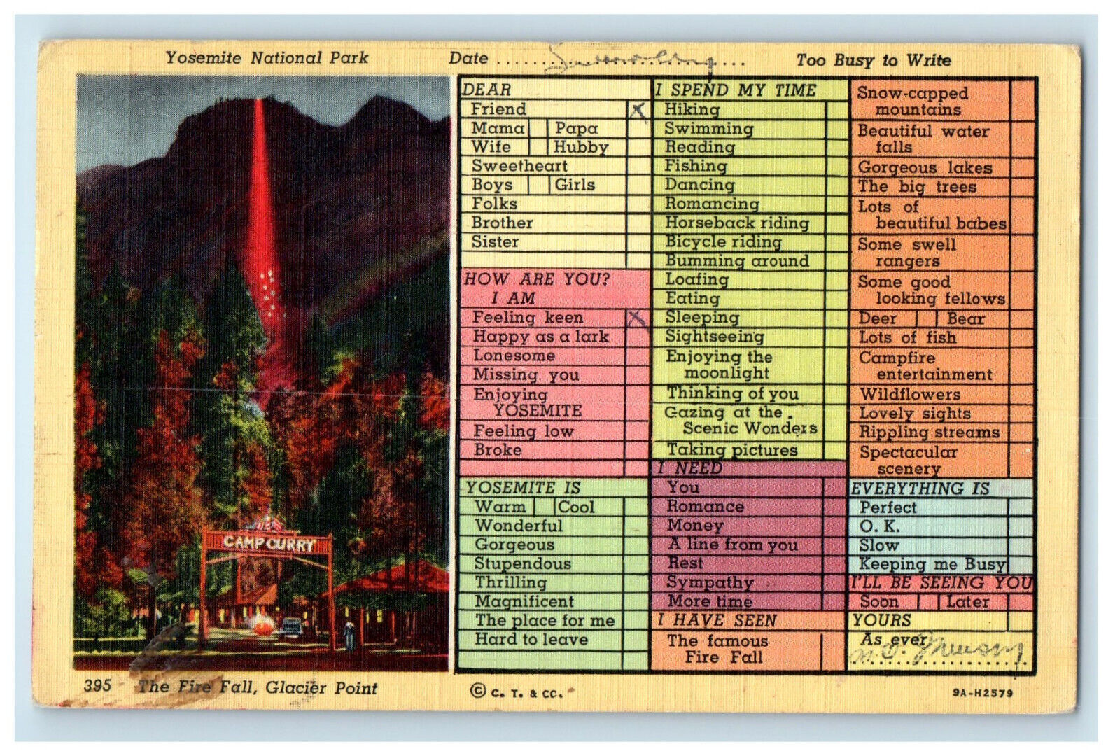 1947 The Fire Fall, Yosemite National Park Correspondence Card CA Postcard