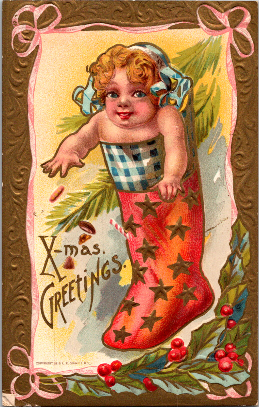 C. 1910 Lovely X-Mas Greeting Embossed Postcard Baby in A Stocking Blank