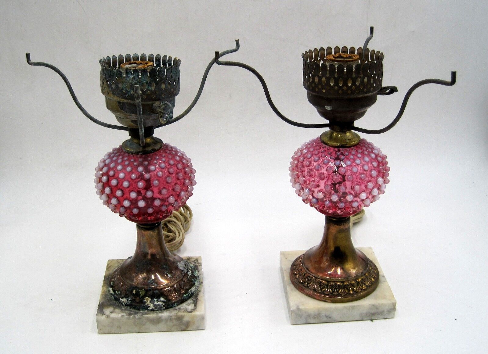 Pair of Vintage Fenton Pink-Cranberry Opalescent Hobnail Glass Lamps