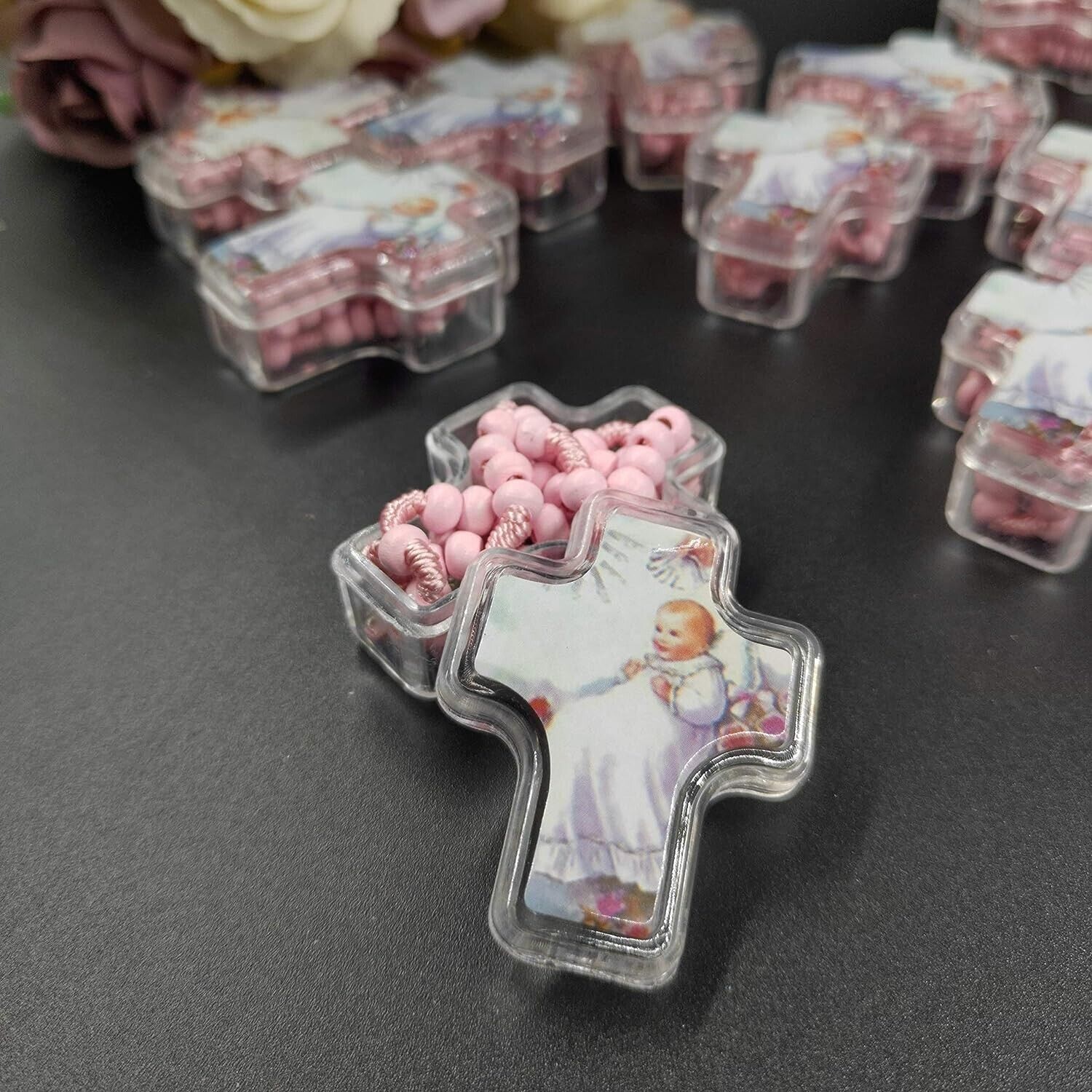 US 12pcs Baby Shower Rosary in Cross Bottle Pink Bead Catholic Crucifix Necklace