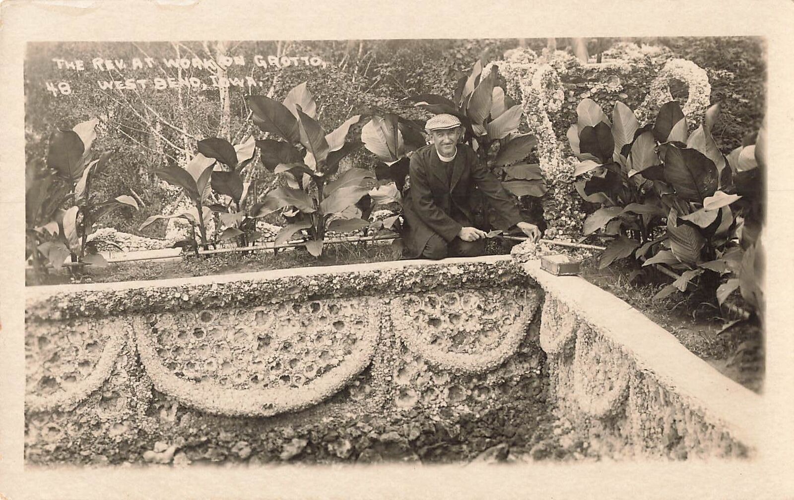 RPPC The Reverand at Work on Grotto, West Bend, Iowa Real Photo Postcard