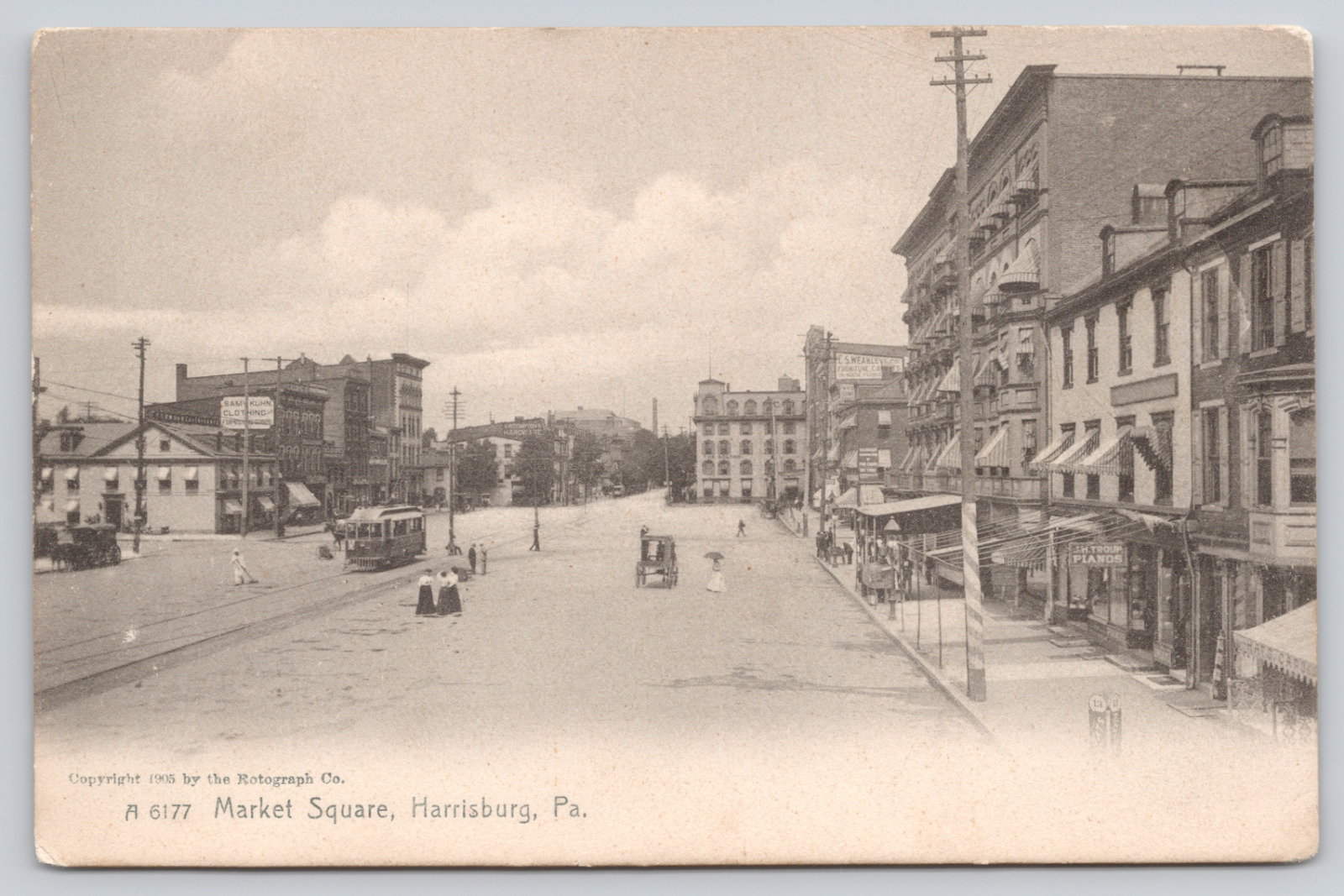 Postcard Harrisburg, Pennsylvania, Market Square, Rotograph, Trolley, Buggy A975