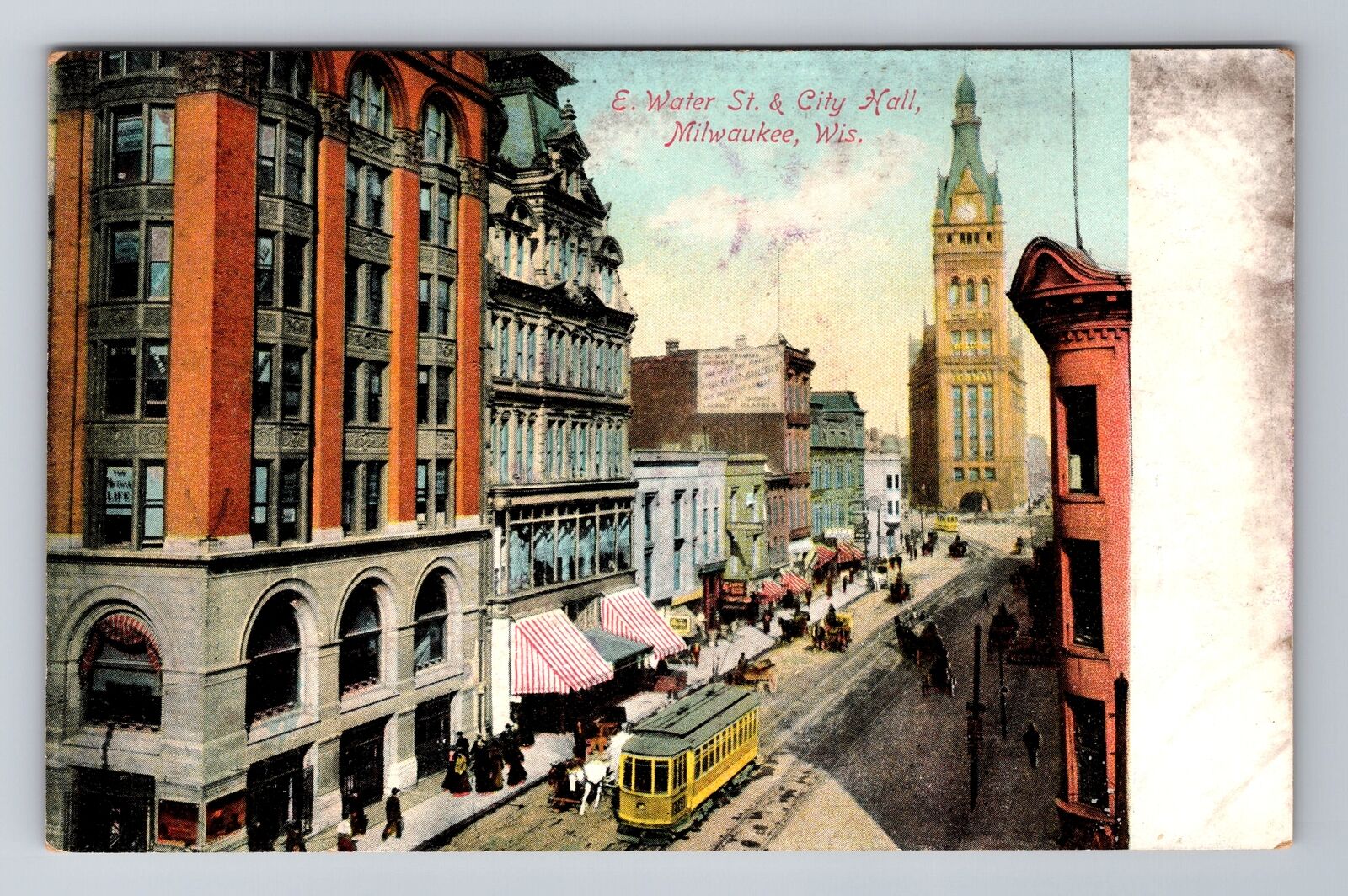 Milwaukee WI-Wisconsin, E Water Street & City Hall, Antique, Vintage Postcard