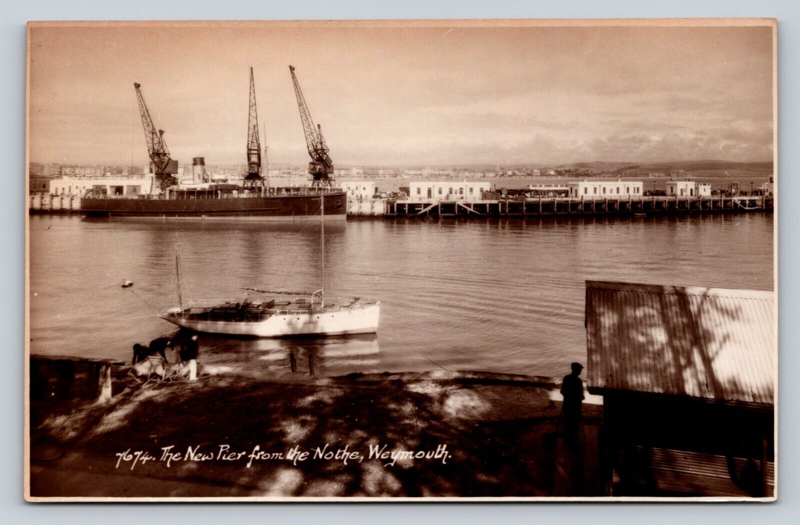 RPPC Pier from Nothe, Weymouth ENGLAND Nautical Harbor Cranes VINTAGE Postcard