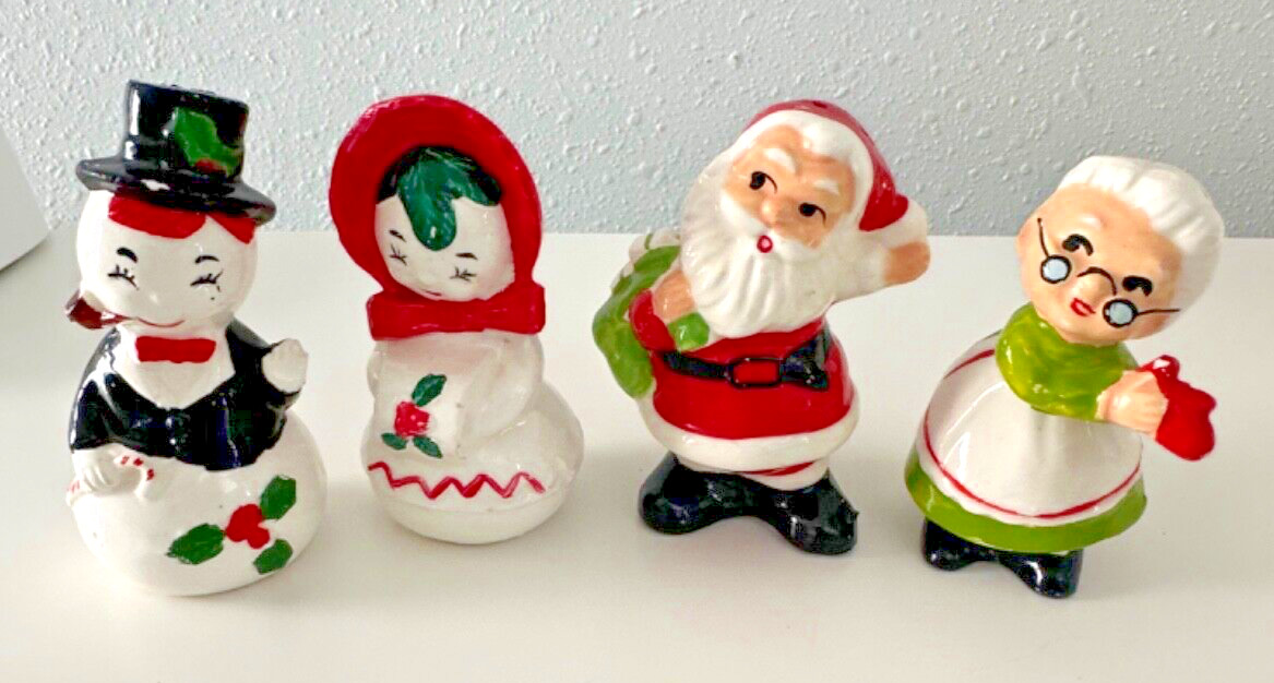 Vtg Salt Pepper Shakers Mr Mrs Clause Snowman Christmas Ornament 2 Sets Japan