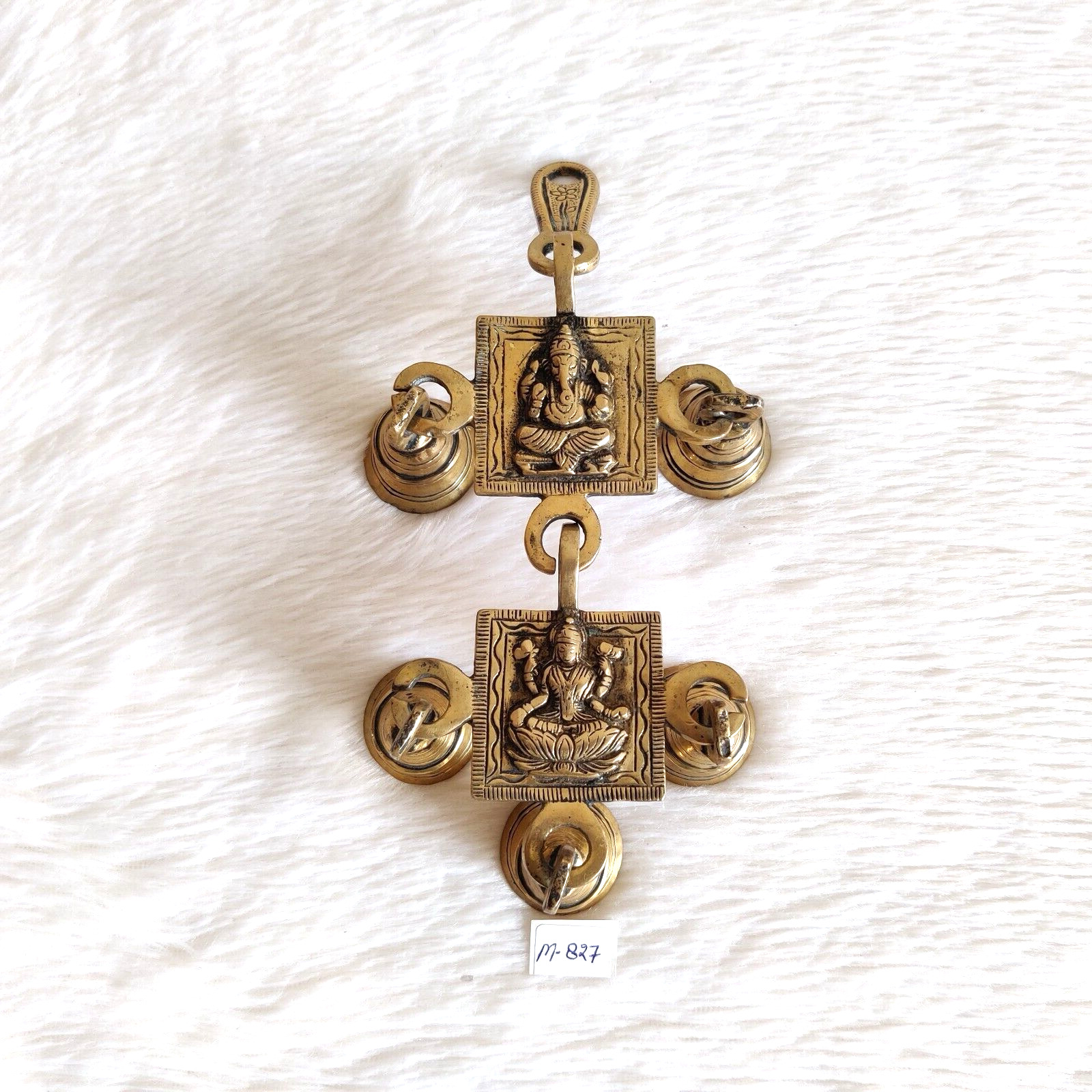 Vintage Handcrafted Brass God Ganesha & Laxmi Embossed Hanging Bells Decor M827