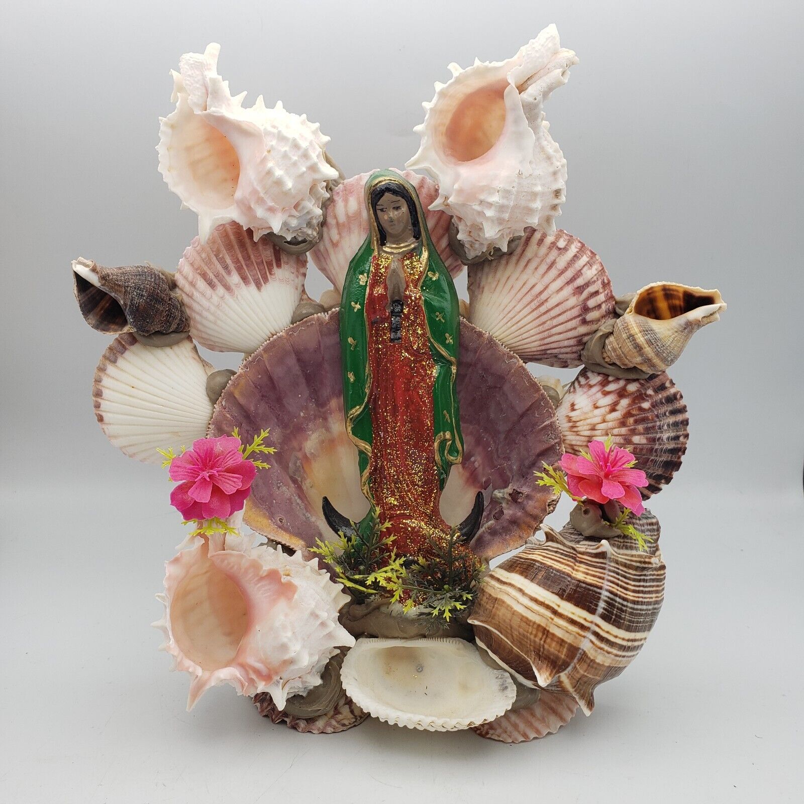 Vtg Our Lady Guadalupe Handmade Sacred Grotto Shrine Folk Art Seashells Catholic