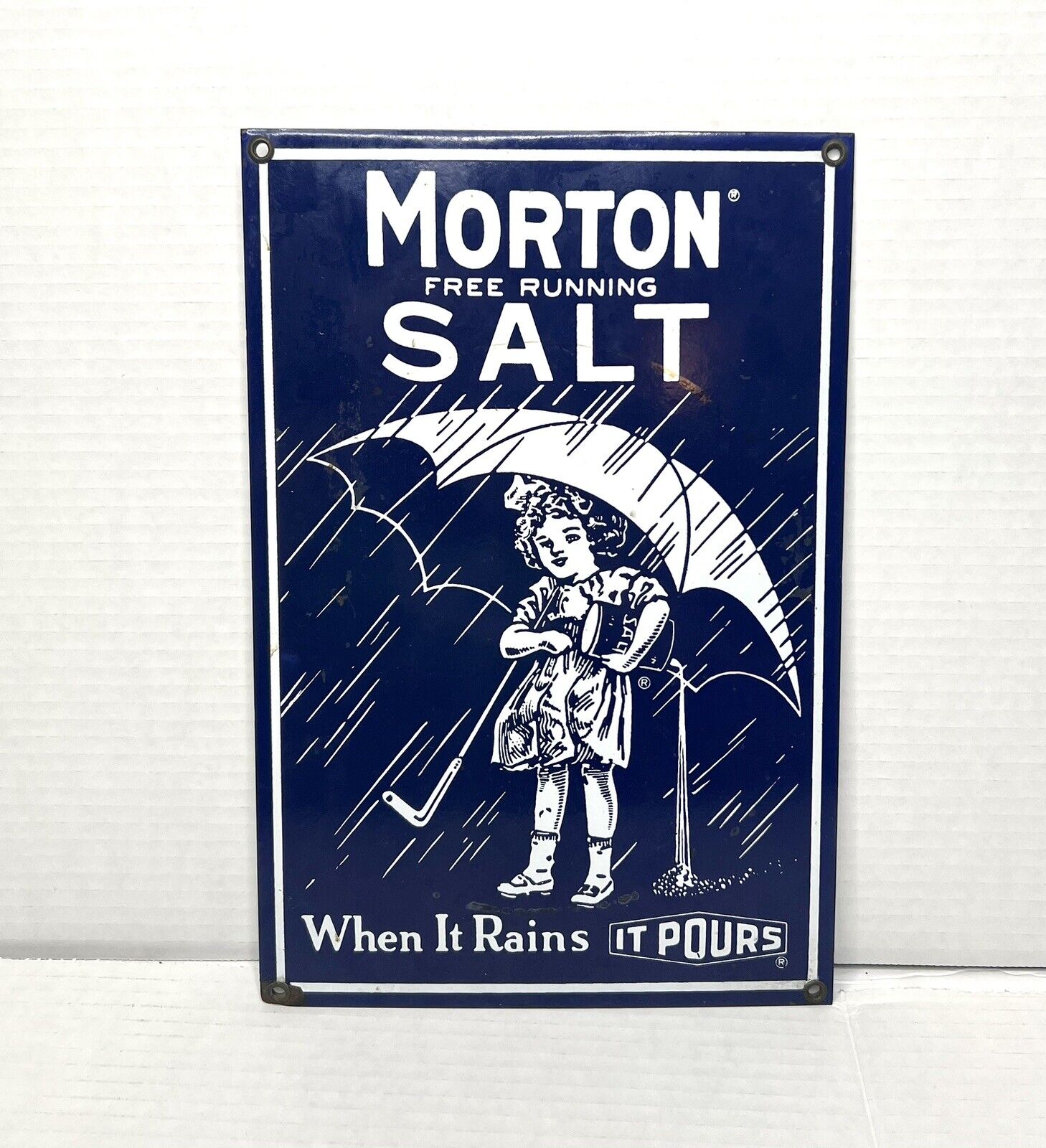 Vintage Morton Salt Porcelain Sign Old General Store Food 12x8”
