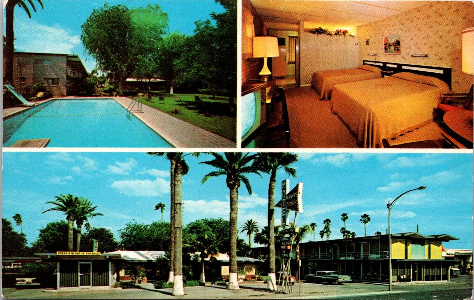 McAllen Texas TX Hoovers Paradise Motel & Coffee Shop Pool Multiview Postcard 55