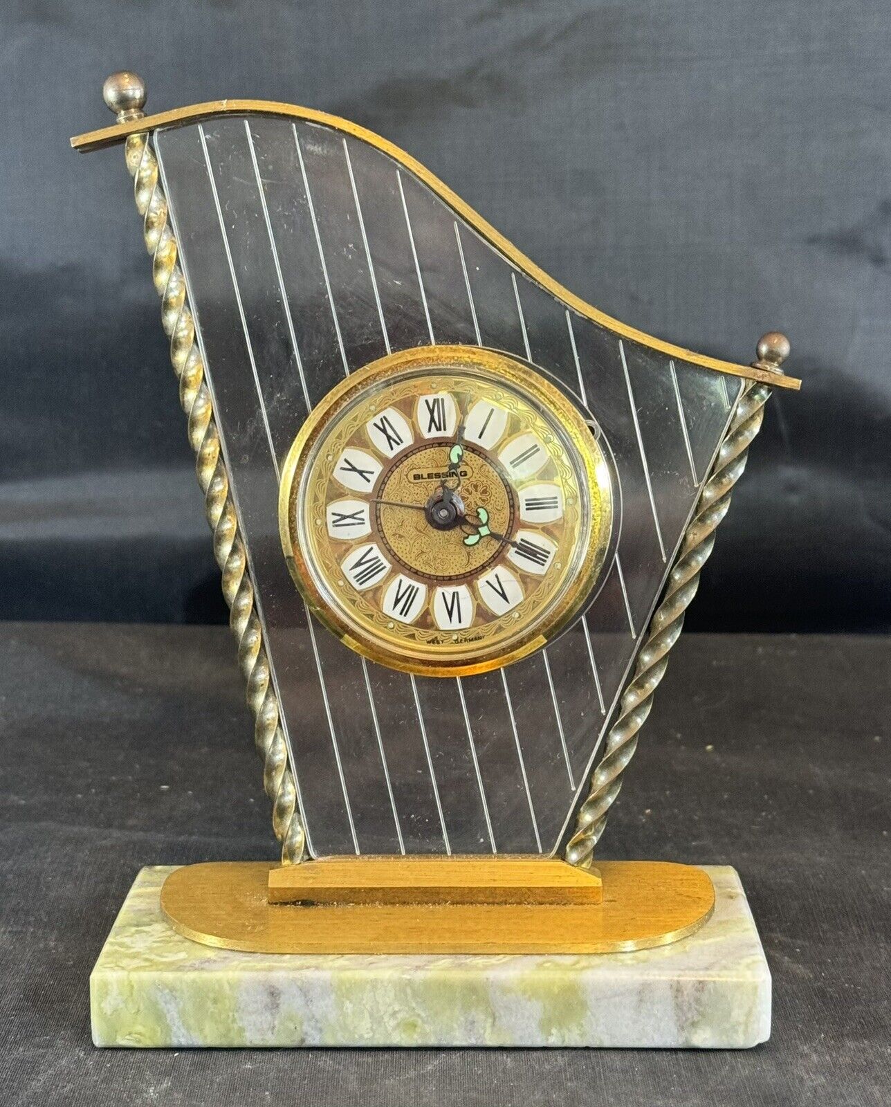 Working Vintage Blessing Harp Shaped Alarm Clock from West Germany (1940s/50s)