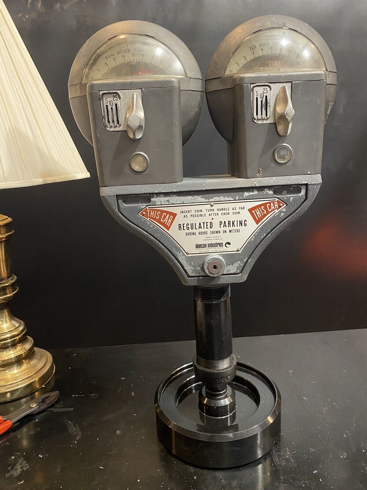 Vintage Gray Duncan 60 Double Head Parking Meter And Key, Working