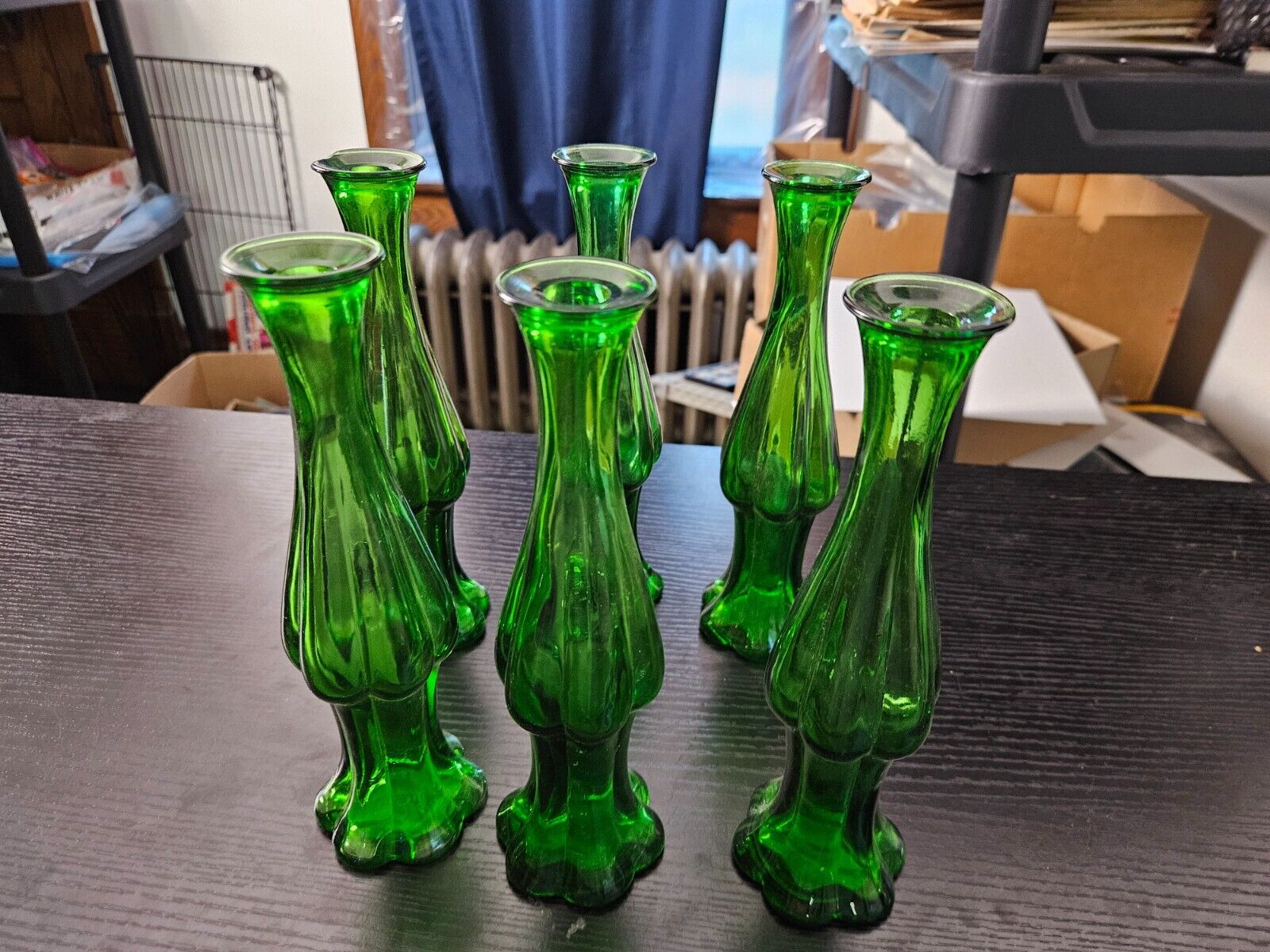 Vintage Emerald Green glass Bud Vase, Avon Perfume Bottle  lot of 6