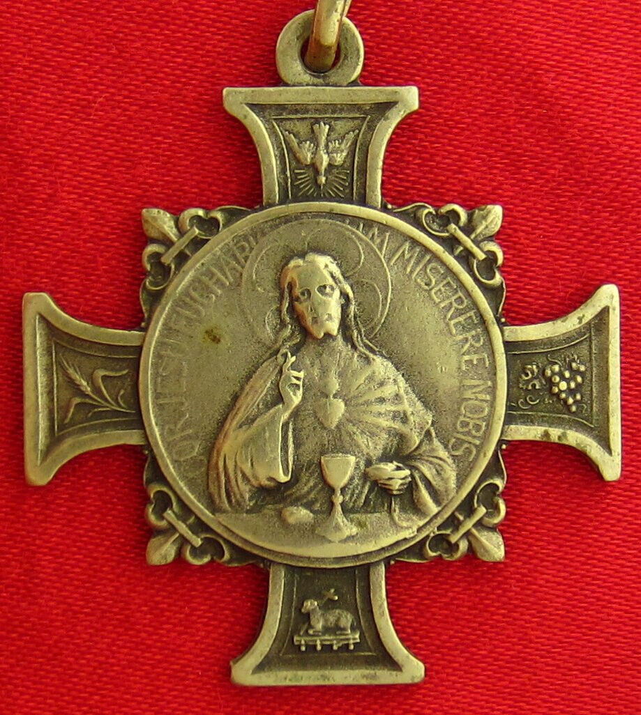Antique JESUS MARY EUCHARISTIC CONGRESS LOURDES 1914 Large Medal Pendant CROSS