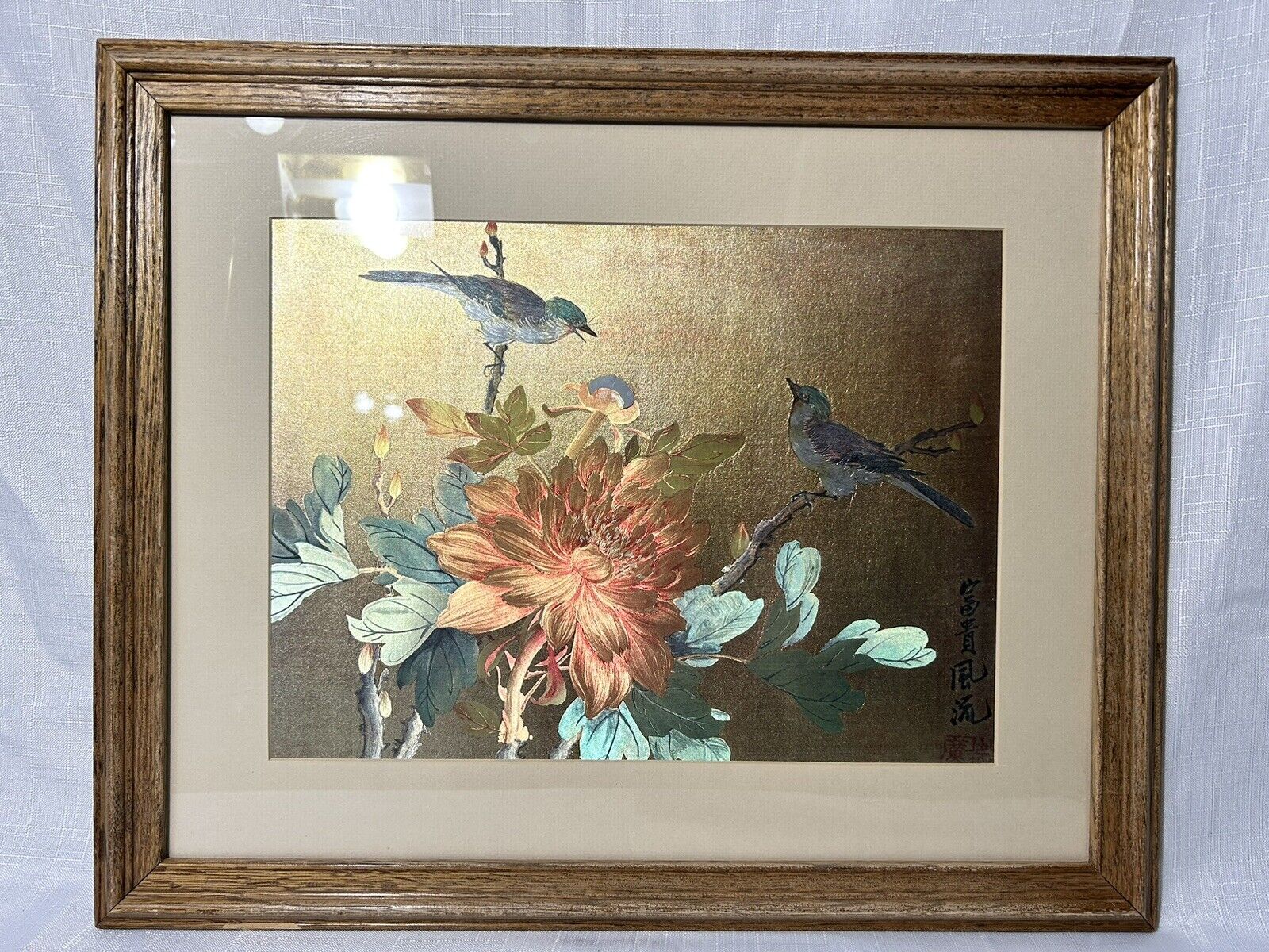 Vintage Mid-Century Asian Birds on Flower Framed Glistening Print on Golden Foil
