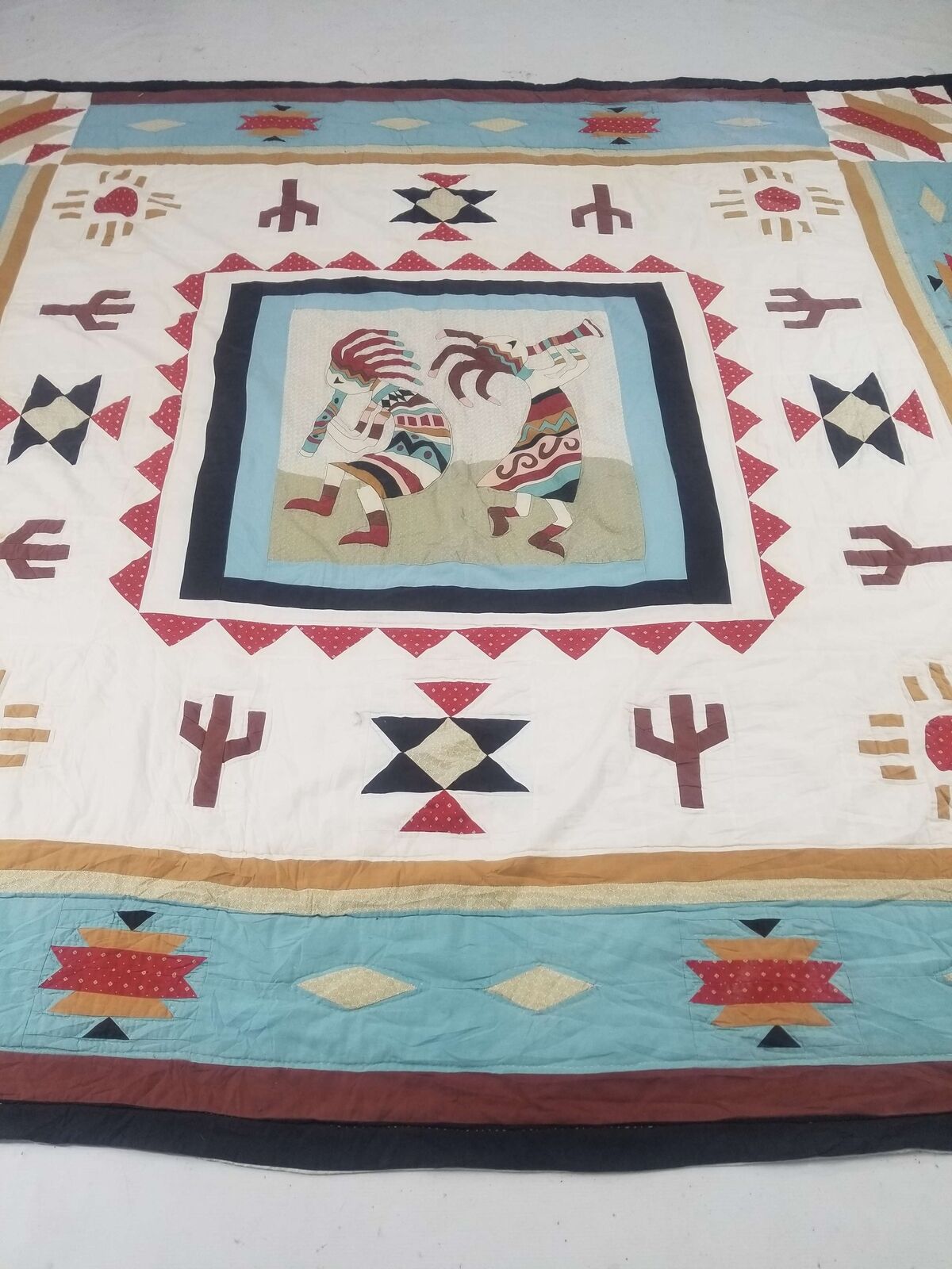 Vintage Feed Sack Native Kokopelli Fertility Agriculture Quilt 97x88 inch