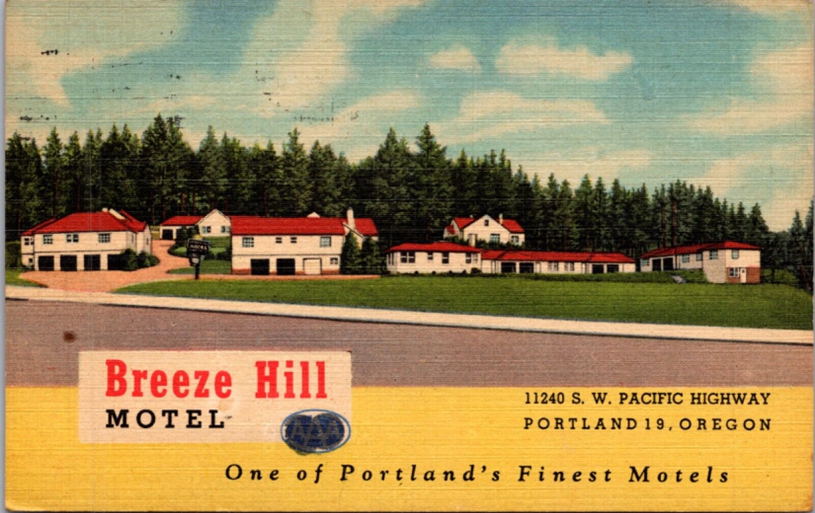 Linen Postcard Breeze Hill Motel 11240 S.W. Pacific Highway in Portland, Oregon