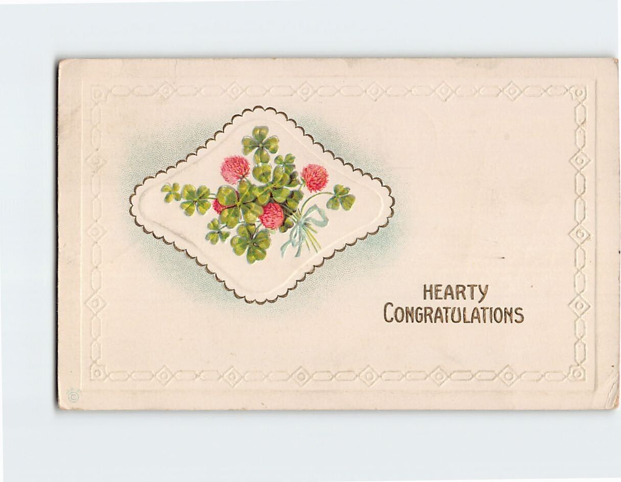 Postcard Hearty Congratulations Greeting Card Flower/Plant Art Print Embossed